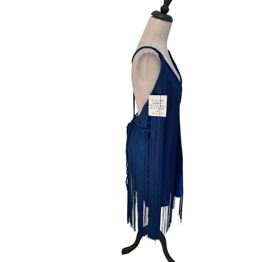 Free People Women's Fringe Element Halter Bodycon Dress Blue Large NWT